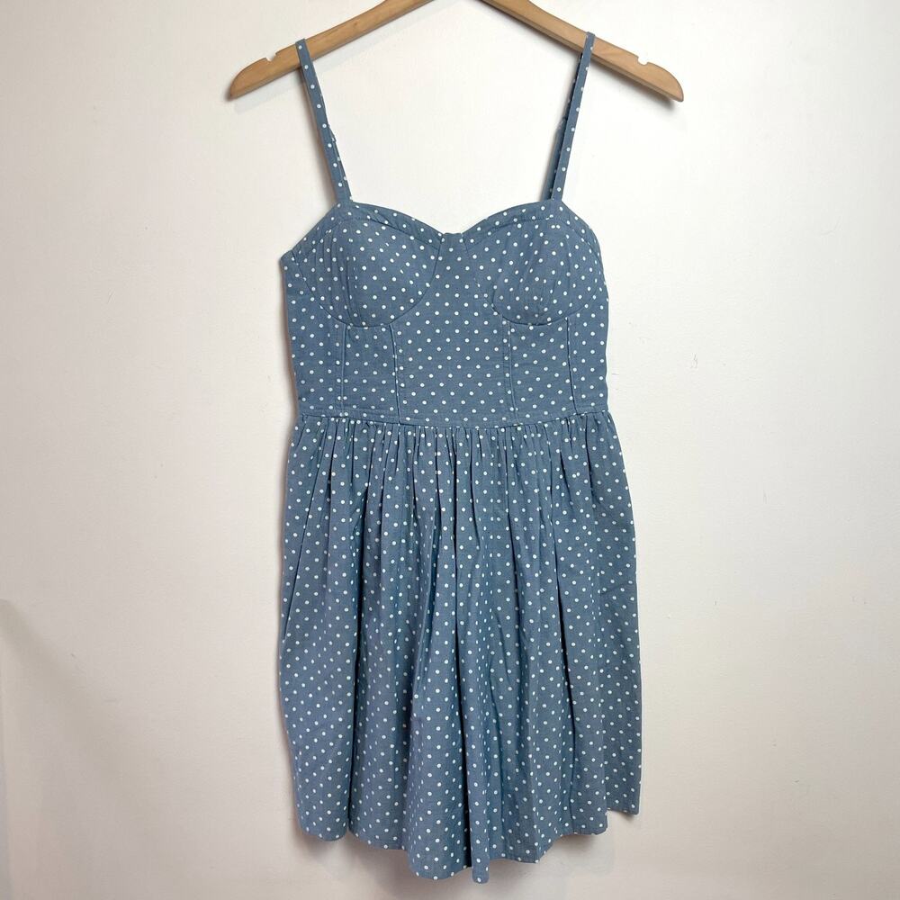 Polka Dot Denim Chambray Mini Dress Medium Bustier Indie Sleaze Feminine Retro